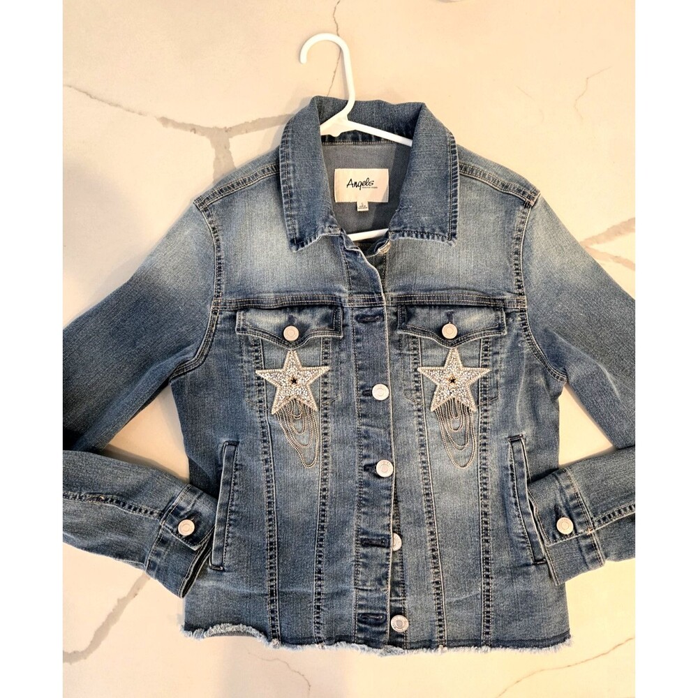 Angels Denim Jacket Small Blue M Wash Rhinestone Star Fringe Raw Hem Trucker Y2K